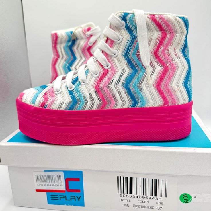 Brand New With Original Box. Never Worn. Authentic Jc Play By Jeffrey Campbell Sneakers Style Is Called The Homg Fabric Is Crochet Multi Color Is Pink White And Blue Size 37 Fits Us Women’s Size 6-7 Reminds Me Of Missoni’s Fabrics !! This Style Is Discontinued And Rare. This Was In Production Circa 2012 And Has Long Been Discontinued. Other Sellers Are Asking $69 And $89 For These Exact Shoes Price Firm. Use Code “ Kelsidcloset ” To Save $10 Off Your 1st Order Bundle Multiple Items To Save On Sh Pink Lace-up High-top Sneakers, Trendy Pink Canvas Shoes With Vulcanized Sole, Pink High-top Textile Sneakers, Trendy Pink Textile Sneakers, Pink Sporty Synthetic Canvas Shoes, Pink Synthetic Sporty Canvas Shoes, Trendy Pink High-top Sneakers For Spring, Sporty Pink Synthetic Canvas Shoes, Trendy Pink Canvas Shoes With Laces