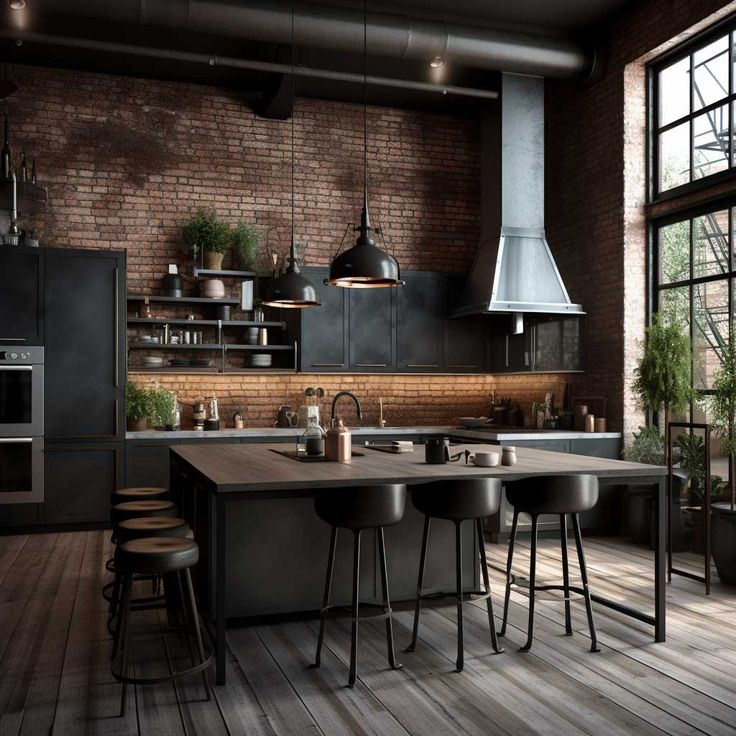 an industrial style kitchen with brick walls and wooden flooring, black appliances and stools