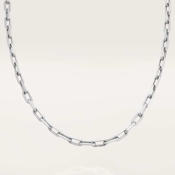 Cartier - Santos de Cartier necklace - Necklace Man White gold - Santos-Dumont chain necklace, white gold (750/1000). Please note that the carat weight, number of stones and product dimensions will vary based on the size of the creation you order. For detailed information please contact us. Classic Cartier Diamond Necklace For Formal Occasions, Timeless White Gold Jewelry With Rectangular Links, Formal White Gold Oval Link Necklace, Fine Jewelry White Gold Necklace With Solid Links, Luxury Oval Link Diamond Necklace For Formal Occasions, Timeless White Gold Chain Necklace For Formal Occasions, Timeless White Gold Chain Necklace For Formal Events, Classic Platinum Necklace For Formal Occasions, Cartier Classic Formal Necklace