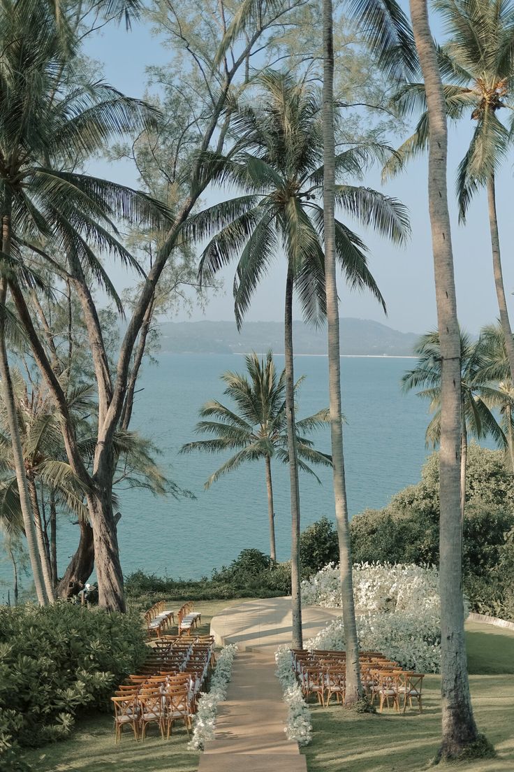 an outdoor ceremony setup with chairs and palm trees overlooking the ocean in front of them