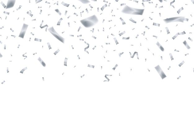 silver confetti falling down into the air on a white background with space for text