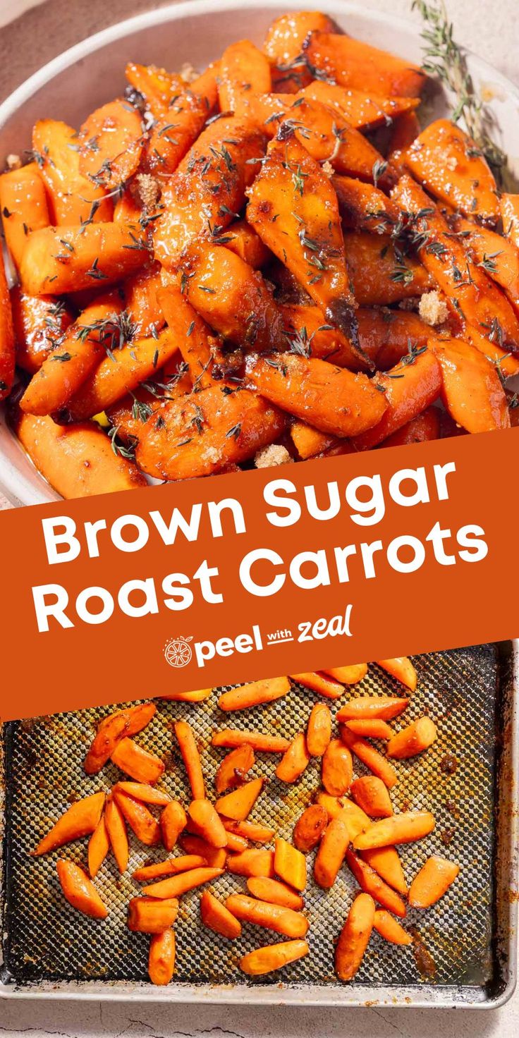 brown sugar roast carrots on a baking sheet with text overlay that reads, brown sugar roast carrots