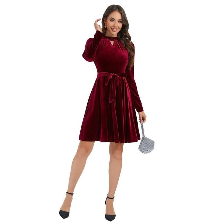 The dress features long sleeves that provide a classy and warm option for cooler evenings. This design element adds to the retro vibe while ensuring you stay comfortable throughout the event. Winter A-line Midi Dress For Date Night, Elegant Red Long Sleeve Party Dress, Elegant Red Long Sleeve Dress For Party, Long Sleeve Midi Dress For Cocktail Holiday, Long Sleeve Midi Dress For Holiday Cocktail, Holiday Long Sleeve Midi Dress For Cocktail, Formal Long Sleeve Mini Dress For Winter, Long Sleeve Mini Dress For Winter Formal, Long Sleeve Cocktail Dress For Fall