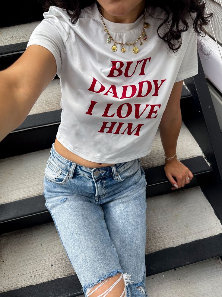 But Daddy I Love Him semi-cropped fitted white t-shirt. Swiftie themed. Women sizes S-L *Not Licensed. But Daddy I Love Him Shirt, But Daddy I Love Him, Daddy I Love Him, Swift Concert, Semi Cropped, Taylor Swift Concert, Cozy Knits, White T Shirt, Bridal Collection