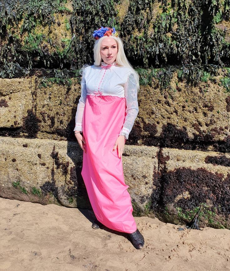 "Gorgeous late 1960s bright pink and white lace maxi dress hammer horror romantic boho hippy victoriana edwardiana    Bust 36\" Waist 32\" ( high waist/underbust) Shoulder-Waist 12\" ( high waist underbust )  Hips 38\" Waist-Hem 45\"  Condition  Small hole at hem, some marks see last few photos" Pink Bohemian Maxi Dress For Wedding, Pink Fitted Dress For Festival, Spring Festival Fitted Maxi Dress, Fitted Floor-length Vintage Dress For Spring, Fitted Maxi Dress For Spring Festival, Spring Vintage Dress For Costume Party, Spring Victorian Costume Dress With Long Sleeves, Summer Costume Party Dress With Lace Trim, Pink Lace Trim Dress For Costume Party