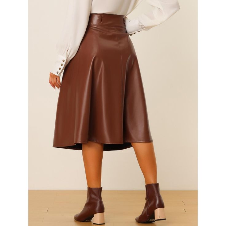 Flattering and stylish, the elastic-waist design is convenient and comfortable to wear. The knee-length midi PU leather skirt can show your ultra-elegant and chic figure. It features a self-tie belted, high elastic waist, and an invisible side zipper. The suitable length up and down makes the skirt adapt to any situation. Pair it with casual blouses or button-down shirts. Puff sleeves tops or warm sweaters, and high heels or cool boots will also be nice decisions to match with the PU skirt. Perf Puff Sleeves Tops, Midi Skirt Brown, Flare Midi Skirt, Skirts Brown, Pu Skirt, Casual Blouses, Pu Leather Skirt, Midi Flare Skirt, Black Velvet Dress