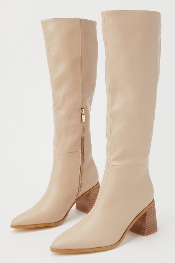 The best way to style the Billini Holden Biscuit Beige Pointed-Toe Knee-High Boots is with your favorite fall dress or a flirty mini skirt with tights! Faux pebbled leather shapes these super chic boots that feature a classy pointed-toe upper that rises to a 15.5"" knee-high shaft with a 10"" zipper at the instep and a 15"" circumference. A wood-look stacked block heel completes the trendy look! Available in whole sizes only. 3" wood-look stacked block heel. Lightly cushioned insole. Rubber sole Tan High Boots Outfit, Cream Knee High Boots Outfit, Cream Knee High Boots, Mini Skirts With Tights, Beige Knee High Boots, Pink Knee High Boots, Beige Boots Outfit, Classy Boots, Skirt With Tights