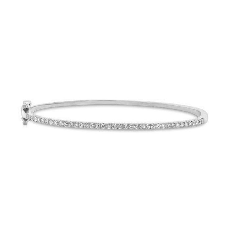 A stylish bangle that will withstand the test of time and go great with any of your other bracelets! Timeless White Gold Cuff Bracelet, Classic White Gold Diamond Oyster Bracelet, Classic White Gold Diamond Bracelet With Oyster Clasp, Timeless Cuff Bracelet With Diamond Accents, Brilliant Cut Diamond Bangle, Fine Jewelry Sterling Silver Jubilee Bangle, Timeless Stackable Diamond Bracelet, Modern Stackable Round Diamond Bracelet, Formal Diamond Bangle Bracelet With Oyster Detail