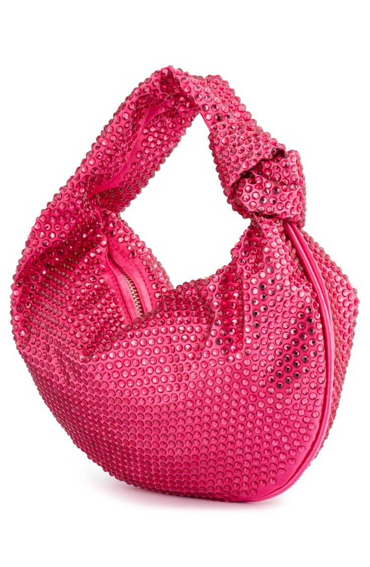 Tonal crystals amplify the glam appeal of a slouchy bag fitted with a knotted top handle for contemporary dimension. Top zip closure Top carry handle Interior zip pocket Logo-jacquard lining Textile/glass Imported Pink Evening Hobo Bag With Top Handle, Pink Top Handle Hobo Bag For Evening, Pink Hobo Bag With Removable Pouch For Evening, Chic Pink Hobo Bag For Evening, Chic Pink Evening Hobo Bag, Chic Pink Rhinestone Shoulder Bag, Slouchy Bag, Online Bags, Top Handle