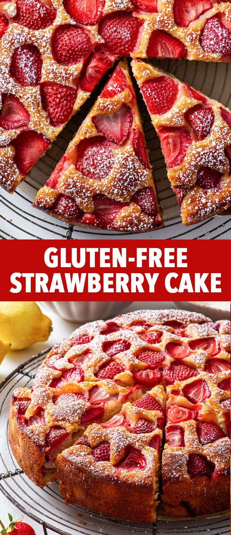 a strawberry cake is cut into slices and served on a wire rack with strawberries