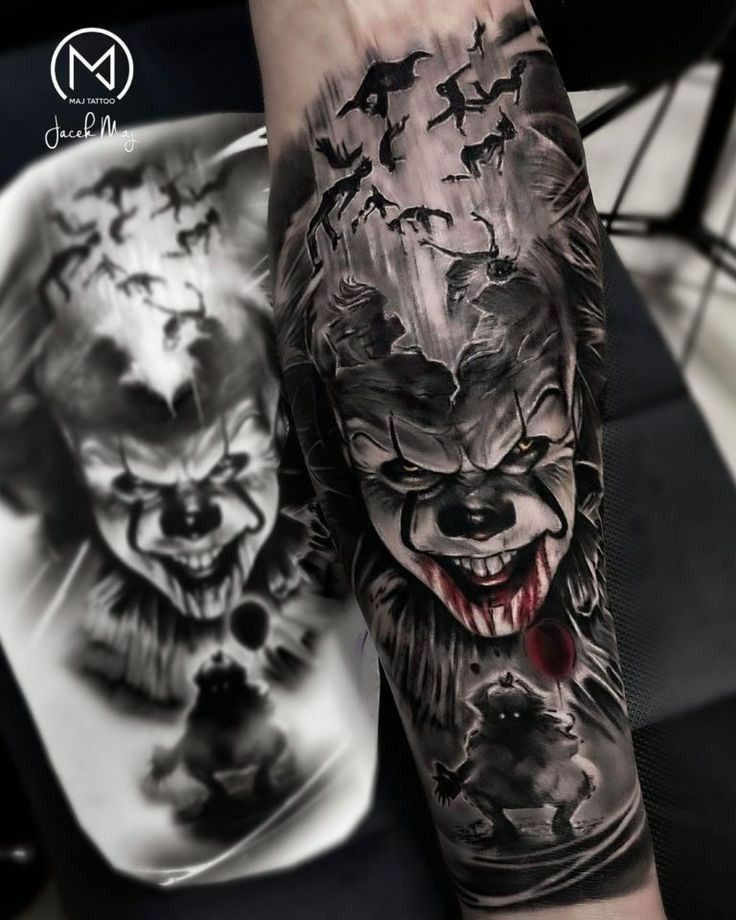 a man's arm with tattoos on it and an image of a wolf in the background