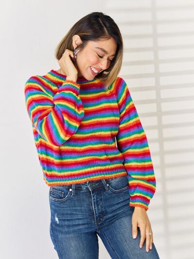 Stay cozy and bright in our Rainbow Striped Long Sleeve Sweater. Perfect for chilly days, this sweater will keep you comfortably warm while making a statement with its vibrant stripes. A fun and playful addition to any wardrobe. Features: Basic style Stretch: Moderate stretch Material composition: 100% polyester Care instructions: Machine wash cold. Tumble dry low. Imported Product measurements:S:Bust 39.37 in, Sleeve Length 25.98 in, Top Length 16.93 inM:Bust 40.94 in, Sleeve Length 26.38 in, T Trendy Rainbow Long Sleeve Sweater, Trendy Long Sleeve Rainbow Sweater, Playful Color Block Tops For Winter, Playful Color Block Winter Tops, Casual Rainbow Tops For Winter, Casual Rainbow Top For Winter, Fun Multicolor Spring Sweater, Trendy Rainbow Sweater For Fall, Rainbow Long Sleeve Top For Winter