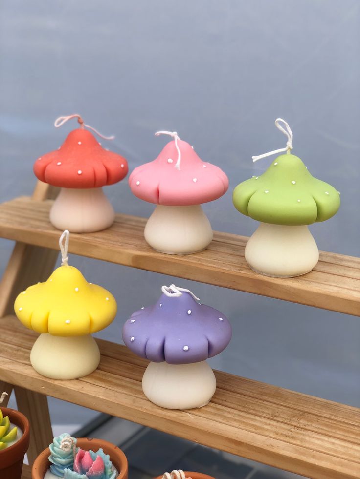 there are many different colored mushrooms on the shelf