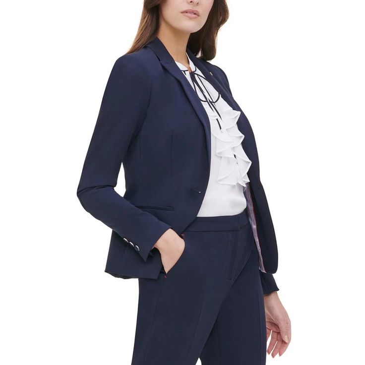 Perfectly put-together, with slightly peaked lapels and subtle signature detailing, Tommy Hilfiger's one-button blazer is bound to be a wardrobe workhorse..Approx. model height is 5'10' and she is wearing size 4.Approx. 24' long from center back neck to hem.Slightly peaked lapels; one-button front closure.Signature gold-tone TH logo at left lapel; shoulder padding.Slanted welt pocket at chest; horizontal welt pockets at side front; matching elbow patches; vent at center back.Long sleeves with si Professional Structured Office Blazer, Fitted Notch Lapel Blazer For Office, Tailored Career Blazer For Office, Professional Single Button Blazer For Work, Professional Single Button Career Blazer, Fitted Single Button Office Lady Blazer, Tailored Blazer For Career, Office Lady Style, Tailored Office Lady Blazer For Career, Single Breasted Career Blazer For Office