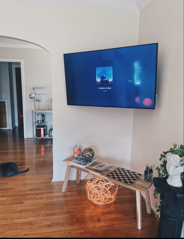 a flat screen tv mounted to the wall in a living room next to a black cat