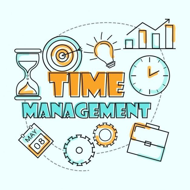 the word time management surrounded by various icons and symbols on a white background with blue and orange