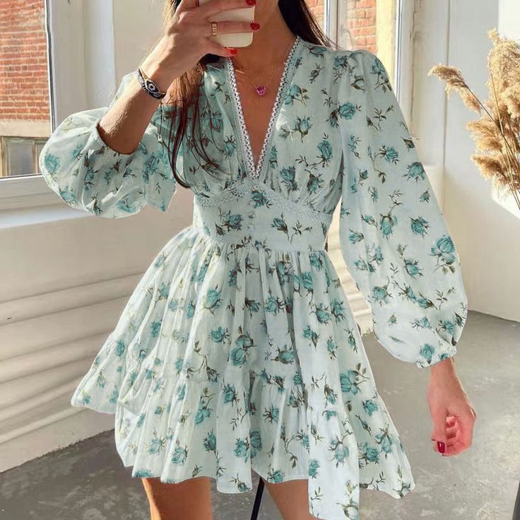 Features: Style:Casual Occasion: Daily Material: Polyester Neckline: V Neck Sleeves: Long Sleeves Pattern: Floral Print Type: Casual Summer Daily Dresses Season: Summer Size Bust Waist Length Unit cm inch cm inch cm inch S 80 31 64 25 81 32 M 84 33 68 27 82 32 L 88 35 72 28 83 33 XL 92 36 76 30 84 33 2XL 96 38 80 31 85 33 3XL 100 39 84 33 86 34 Lace Lanterns, Lace Trim Shorts, Jeans Cargo, Short Lace Dress, Maxi Robes, Weave Style, Long Sleeve Short Dress, Yoga Shorts, Daily Dress