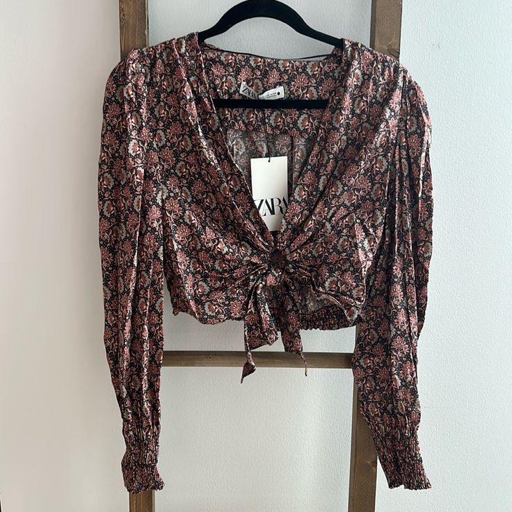 Never Worn With Tags! Low Cut Cropped Tie Blouse With Smocked Cuff On Sleeve. Zara Purple Top For Fall, Zara Printed Blouse For Fall, Zara Purple Floral Print Tops, Fitted Purple Zara Blouse, Zara Purple Long Sleeve Blouse, Zara Floral Print Tops For Fall, Zara Jacket, Orange Satin, High Neck Blouse