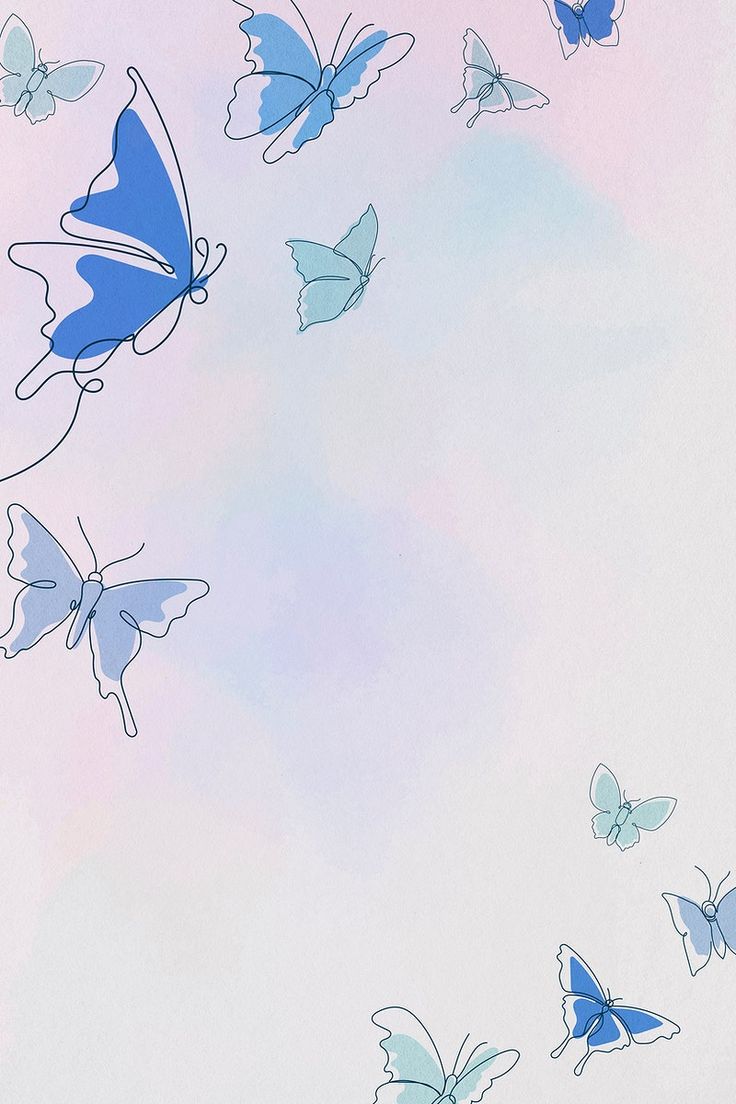 several blue butterflies flying in the sky with white and pink clouds behind them on a pastel background