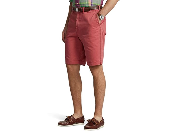 Polo Ralph Lauren 10 Relaxed Fit Twill Shorts - Men's Shorts : Red : Hit the street in style by wearing the Polo Ralph Lauren 10 Relaxed Fit Twill Shorts. Relaxed fit. Belt loops on the waistband. Zip-fly and button closure. Two hand pockets. Coin pocket on the right leg. Two button-through welt back pockets. Brand logo above the back right pocket. 100% cotton. Machine washable. Imported. Measurements: Waist Measurement: 36 in Outseam: 20 in Inseam: 10 in Front Rise: 13 in Back Rise: 15 in Produ Casual Fitted Flat Front Bottoms, Casual Knee-length Workwear Bottoms, Casual Bermuda Bottoms With Belt Loops, Casual Knee-length Bottoms For Business Casual, Classic Relaxed Fit Bermuda Shorts With Belt Loops, Casual Flat Front Bottoms With Belt Loops, Fitted Cotton Bermuda Shorts With Belt Loops, Casual Bermuda Shorts For Work, Workwear Bermuda Bottoms With Belt Loops