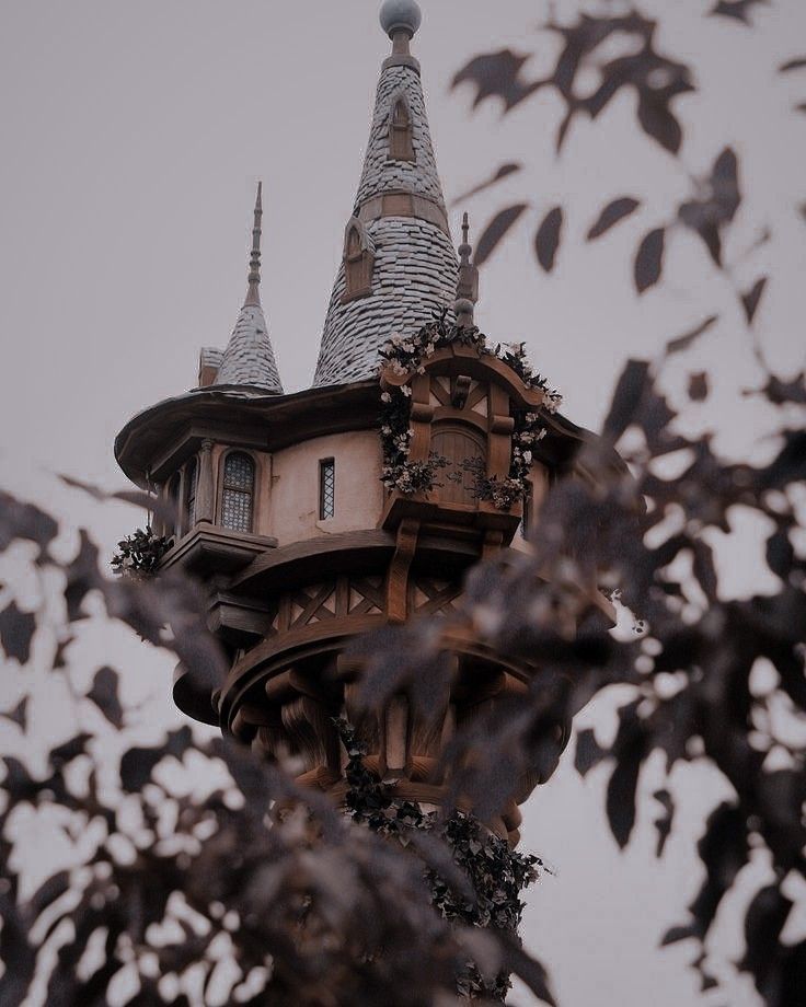 a tall tower with a clock on it's side surrounded by leaves and branches