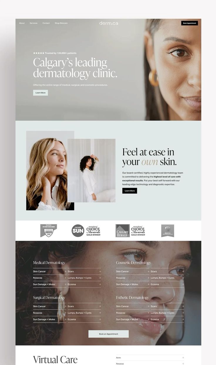 an image of a website design for a skin care company, with the words virtual care on