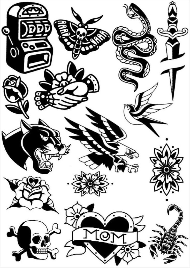 an assortment of tattoo designs on white paper