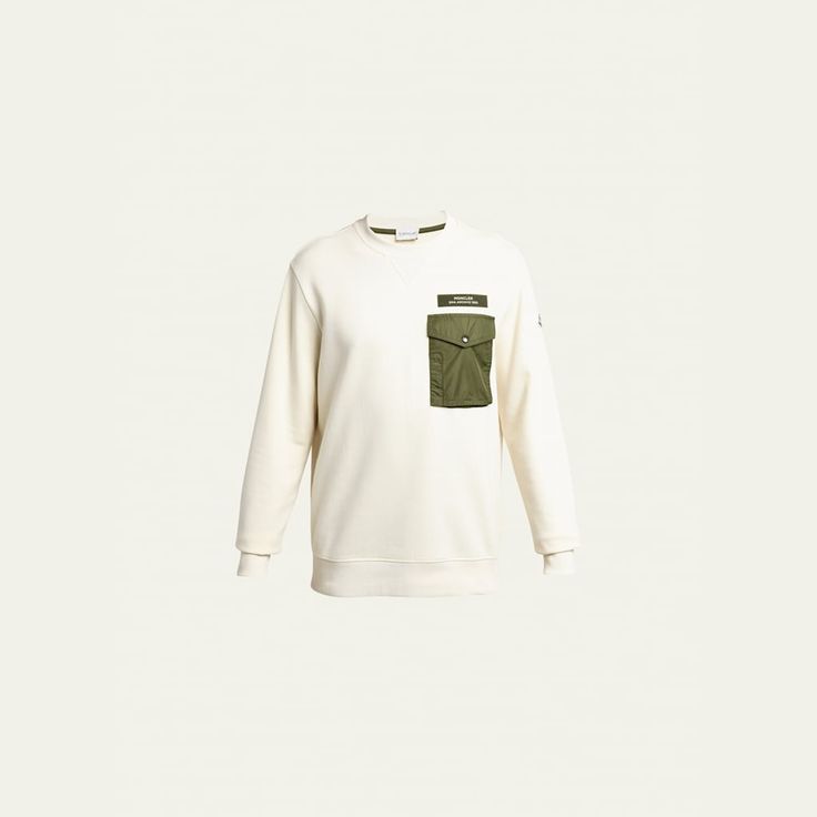 Moncler "Archivio" terry sweatshirt with chest flap pocket  Crew neckline Long sleeves Logo patch on left sleeve  Banded cuffs and hem  Pullover style  Cotton/nylon/polyamide Unlined Dry clean Imported Streetwear Crew Sweatshirt With Side Pockets, Crew Neck Sweatshirt With Side Pockets For Streetwear, White Cotton Sweatshirt With Side Pockets, White Crew Neck Sweatshirt With Pockets, Flap Pocket, Pullover Styling, Patch Logo, Tops Designs, Mens Shirts