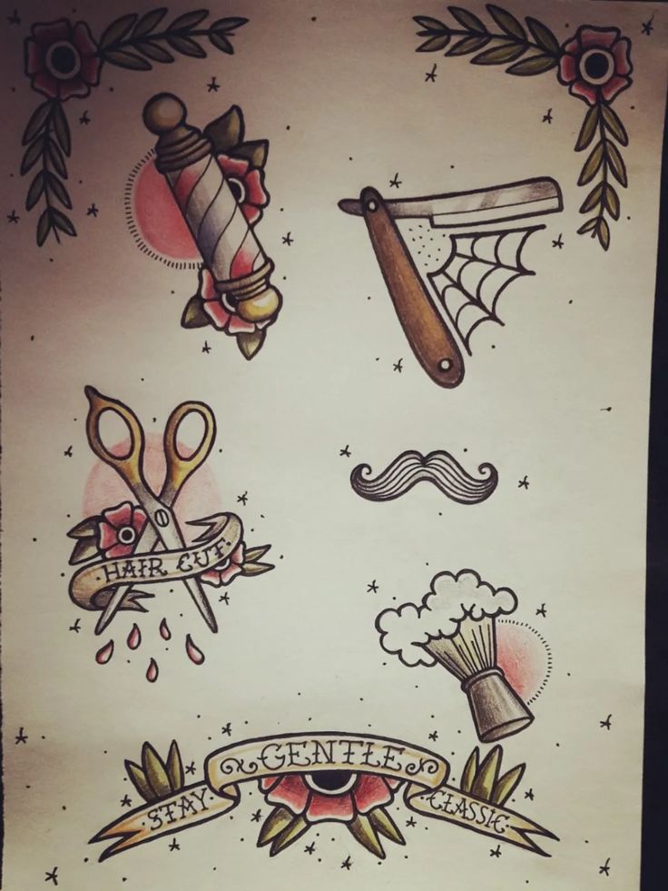 an old school tattoo design with scissors and other things on it's back side