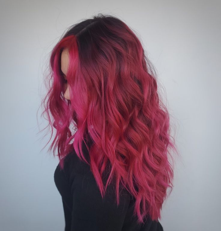 Hot Pink Baylage Hair, Fuschia Ombre Hair, Pink Halo Hair Color, Dark Pink To Light Pink Hair, Red And Pink Balayage, Pink Dimensional Hair, Red And Hot Pink Hair, Hot Pink Hair With Dark Roots, Bright Pink Balayage