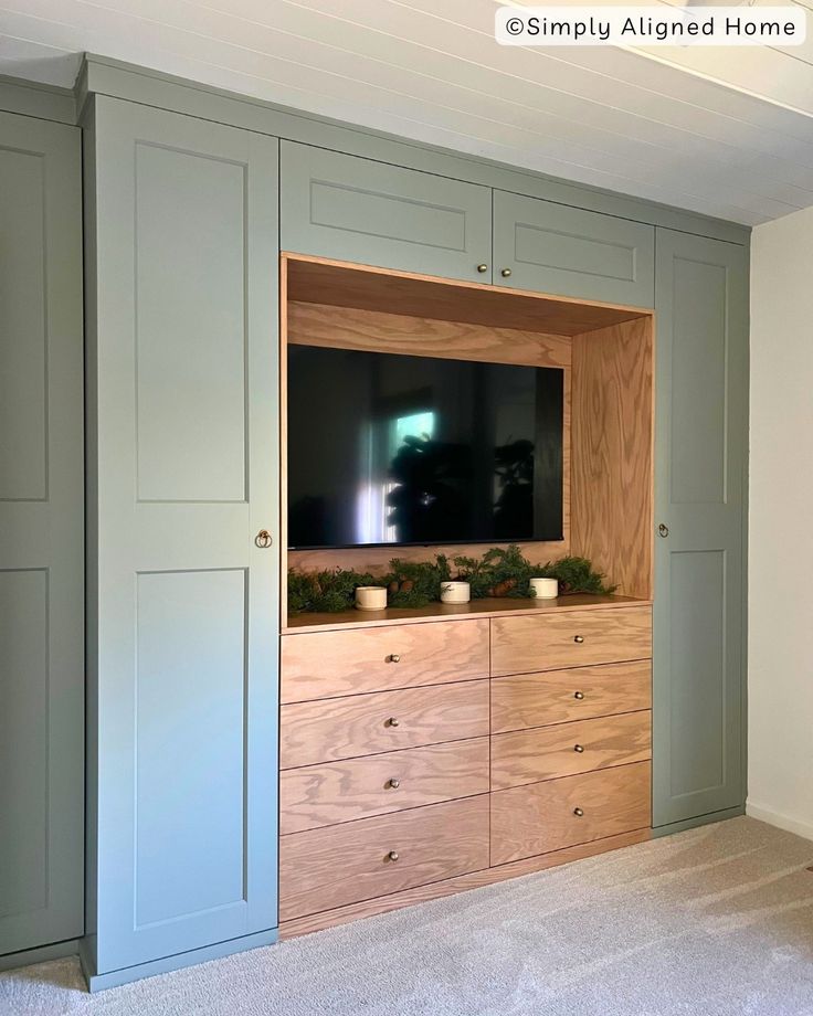 Ikea Closet With Tv, Pax Wardrobe Tv, Built In Tv Closet, Built Ins In Master, Bedroom Closet Design With Tv, Ikea Wardrobe With Tv, Built In Closet With Tv Bedroom, Diy Ikea Built Ins Bedroom, Bedroom Tv Wardrobe Built Ins