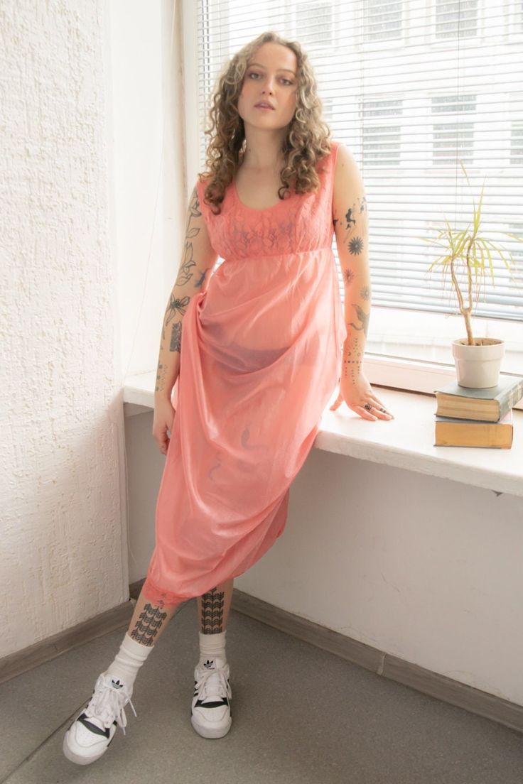 Pink Sheer Stretch Dress, Pink Stretch Sheer Dress, Pink Sleeveless Stretch Slip Dress, Pink Stretch Sleeveless Slip Dress, Vintage Pink Slip Dress For Summer, Pink Sheer Slip Dress For Summer, Pink Fitted Slip Dress For Daywear, Pink Stretch Dresses For Daywear, Sheer Pink Slip Dress