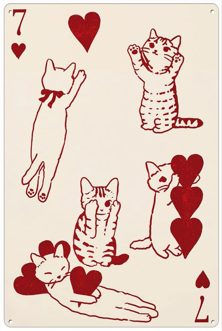 playing cards with cats and hearts drawn on the front, one cat is jumping up in the air