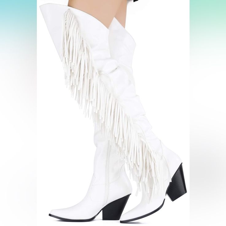 Cape Robbin Gabanna Cowboy Over The Knee Boots Women, Western Cowgirl Boots, Fashion Dress Fringe Boots For Women - White Size 8 Never Worn But Tags And Box Tossed White Western-style Fitted Heeled Boots, White Fitted Western-style Heeled Boots, White Western Knee-high Boots With Wide Calf, White Wide Calf Western Knee-high Boots, White Wide Calf Knee-high Boots For Fall, White Western Knee-high Boots For Fall, White Knee-high Boots For Fall, White Wide Calf Knee-high Boots For Spring, White Wide Calf Heeled Boots For Winter