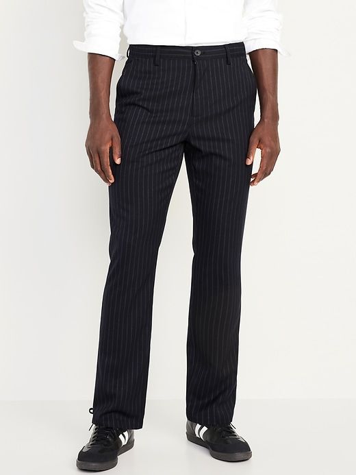 Fitted Straight Leg Bottoms With Vertical Stripes, Fitted Bottoms With Vertical Stripes And Straight Leg, Tailored Pinstripe Tapered Leg Pants, Formal Striped Pants With Welt Pockets, Straight Pants With Vertical Stripes For Business Casual, Striped Business Trousers, Wide Leg Pinstripe Business Pants, Pinstripe Wide Leg Business Pants, Tailored Pinstripe Pants For Spring