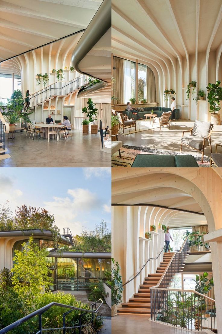 the inside of a building with stairs and plants in it, along with pictures of people sitting at tables