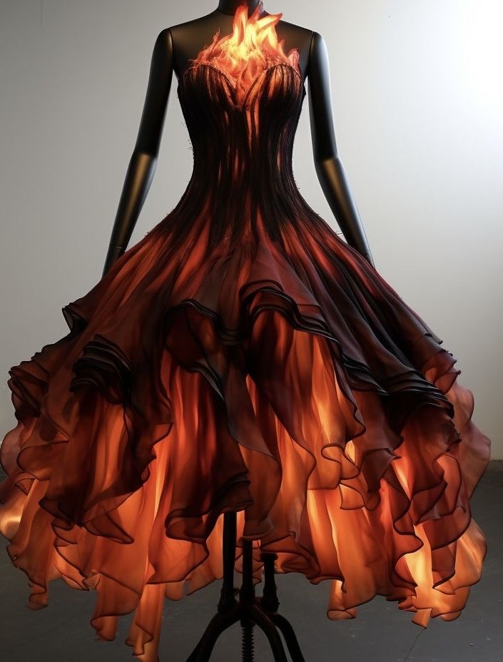 Black Fire Dress, Fire Clothes Aesthetic, Fire Goddess Dress, Fire Prom Dress, Fire Fantasy Outfit, Fire Dress Aesthetic, Flame Costume Women, Fire Dress Design, Fire Fairy Outfit