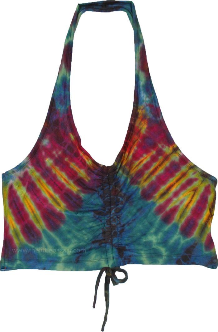 A soft short top has a tie dye color and a hippie style of its own for the stylish free-spirited, and goes with any bohemian lowers! The tie dye is on the green base color. The smart-styled top goes over and down the necktie up at the top and straps that you can pull below the bust to move the silhouette of the top up. #tlb #Sleeveless #beachwrap #bohemianfashion #Handmade #TieDye #BohemianTop Spring Multicolor Tops With Drawstring, Casual Multicolor Tops With Drawstring, Bohemian Tie Dye Crop Top For Festivals, Bohemian Tie-dye Crop Top For Festivals, Bohemian Tie Dye Crop Top, Bohemian Tie-dye Top For Spring, Fitted Bohemian Acid Wash Tops, Fitted Tie Dye Hippie Tops, Fitted Hippie Tie Dye Tops