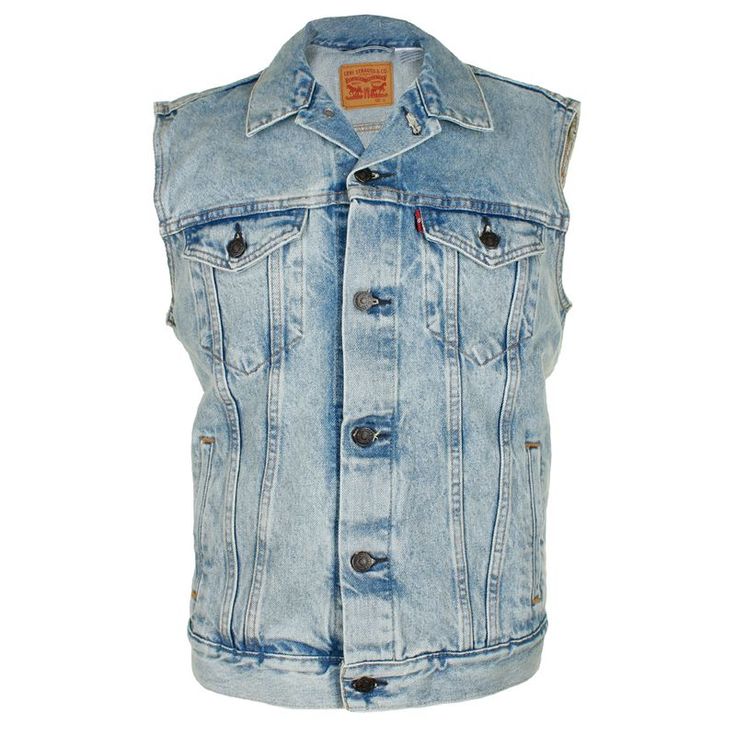 Levi's Men's Regular Fit Button Up Cut Off Denim Trucker Vest. Blue Jeans With Snap Buttons In Cotton, Classic Fitted Denim Vest, Blue Jeans With Button Closure For Streetwear, Blue Button-up Denim Vest With Pockets, Classic Denim Jeans With Snap Buttons, Classic Denim Blue Vest For Spring, Classic Denim Blue Cotton Vest, Classic Medium Wash Jeans With Snap Buttons, Classic Denim Blue Cotton Denim Vest