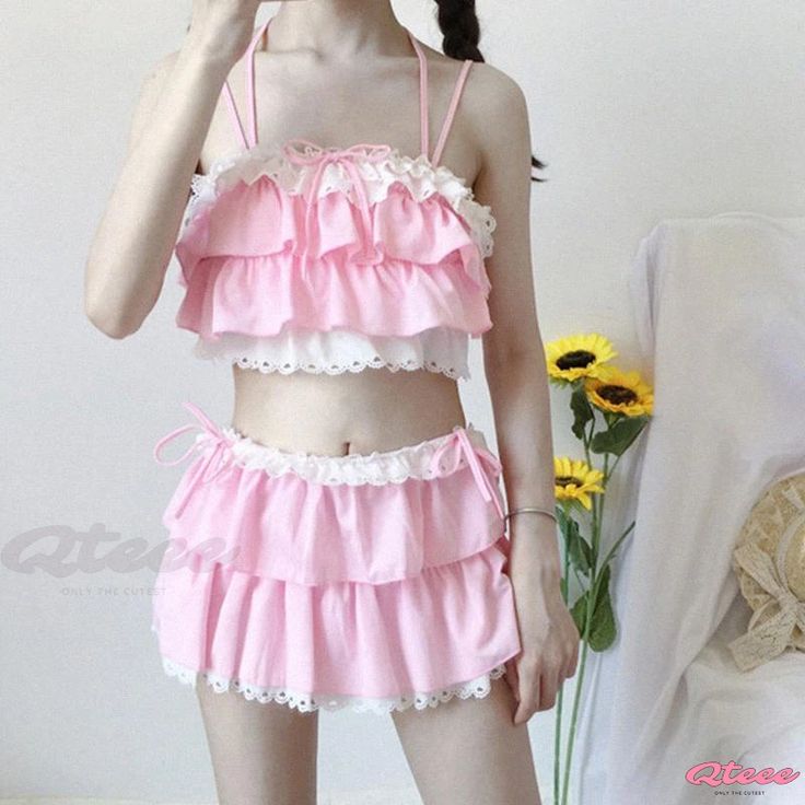 Qteee - Elegant Ruffled Swimwear for Young Students Lace Swimwear, Kawaii Swimsuit, Lace Swimsuit, Pink Clothes, Halter Swimsuit, Swimwear Suits, Swimsuit Material, Pyjama Sets, Swimwear High Waisted