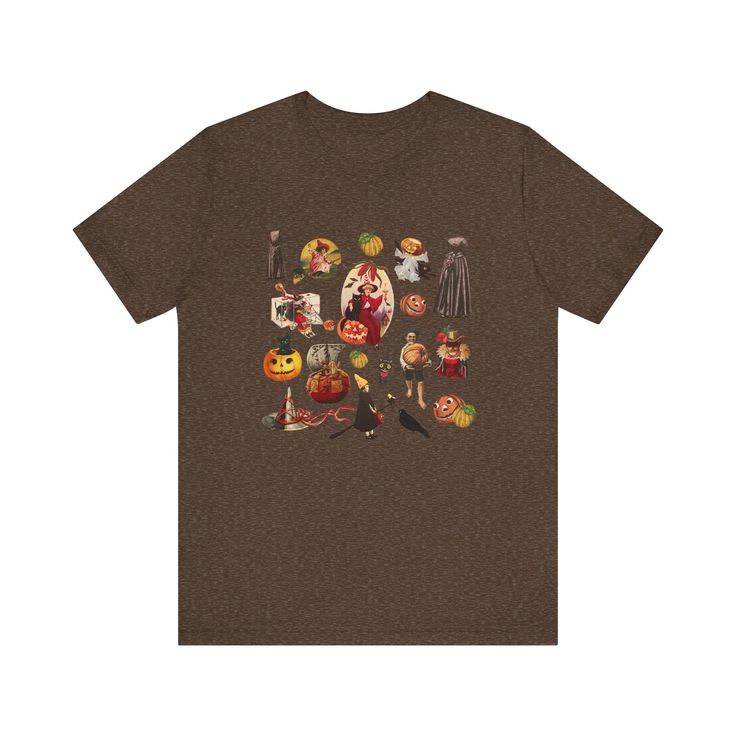 Vintage Halloween Collage Tee, Creepy Spooky Season Graphic Tshirt . PRODUCT DETAILS:This classic unisex jersey short sleeve tee fits like a well-loved favorite..: 100% Airlume combed and ringspun cotton (fiber content may vary for different colors).: Light fabric.: Retail fit.: Runs true to size 🎨 Variation Alert: Please note, colors might appear slightly different based on individual computer or phone screens.🧺 Care Instructions: To keep this piece in pristine condition, machine wash it insi Retro Halloween T-shirt With Character Print, Retro Halloween T-shirt Pre-shrunk, Retro Pre-shrunk Halloween T-shirt, Halloween Collage, Granola Girl Aesthetic, Heather Brown, Phone Screens, Vintage Halloween, Spooky Season