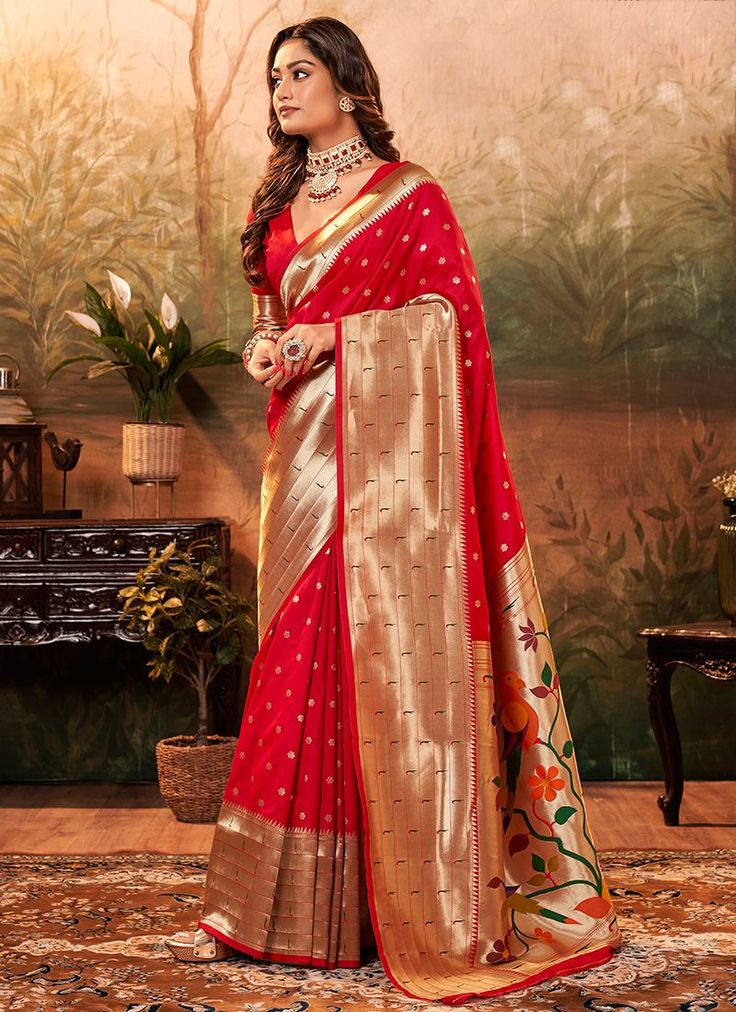 Hot Red Pure Silk Festival Wear Paithani Saree pavitrapaithanisilk 86008  Desc:  Description  Hot red Pure Paithani silk saree with zari weaving .The blouse comes as unstitched material.    Browse our stunning collection of festive wear and wedding silk sarees at KollybollyethnicS and enjoy complimentary worldwide shipping. Theres no need for a minimum order or coupon code. Elevate your festive spirit with our exquisite silk sarees this season. This Diwali weve introduced a wide array of budget- Saree For Engagement, Paithani Silk Saree, Paithani Saree, Weaving Designs, Wedding Silk Saree, Wedding Saree Indian, Silk Saree Blouse, Red Saree, Traditional Attire