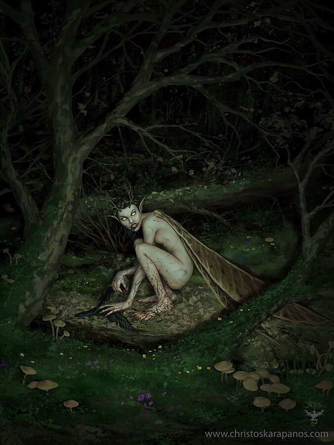 a painting of a naked woman sitting in the woods with trees and mushrooms around her