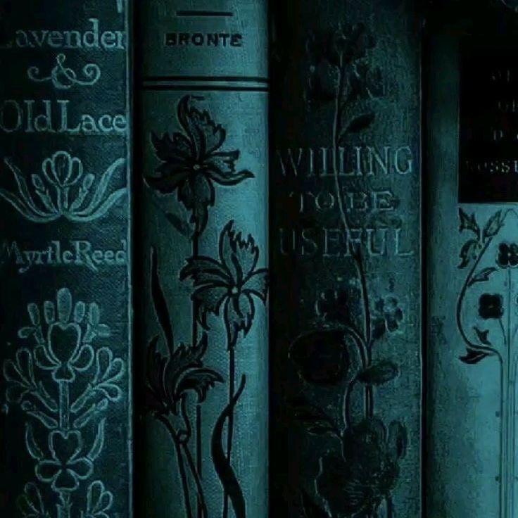 the books are lined up on the shelf in the dark, with flowers painted on them