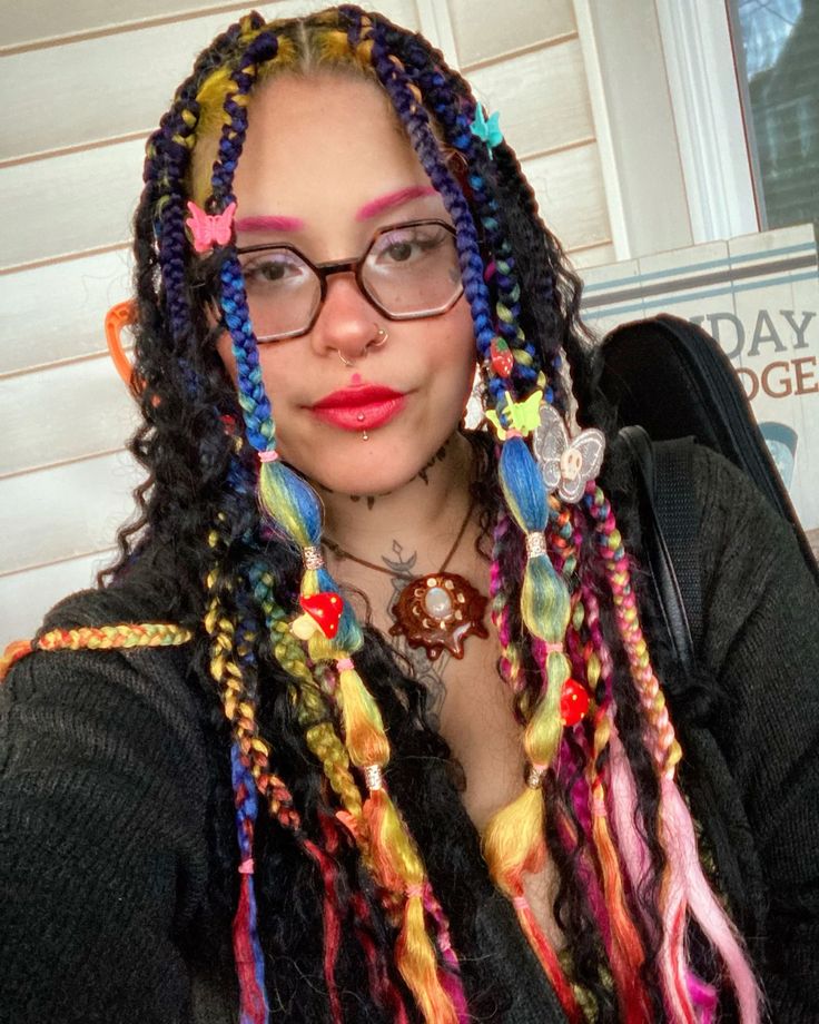 Teal And Blonde Braids, Rainbow Braids For Black Women, Colorful Braided Hairstyles, Alien Fursona, Colorful Braids For Black Women, Alternative Braids, Tinsel Braids, Jade Braids, Braids Green