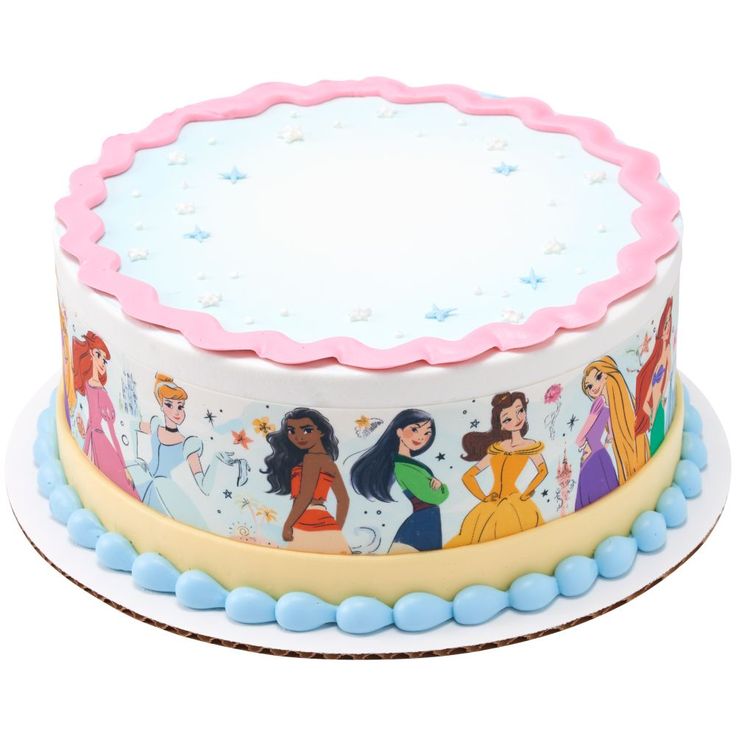 there is a cake with princesses on the frosting and icing toppings