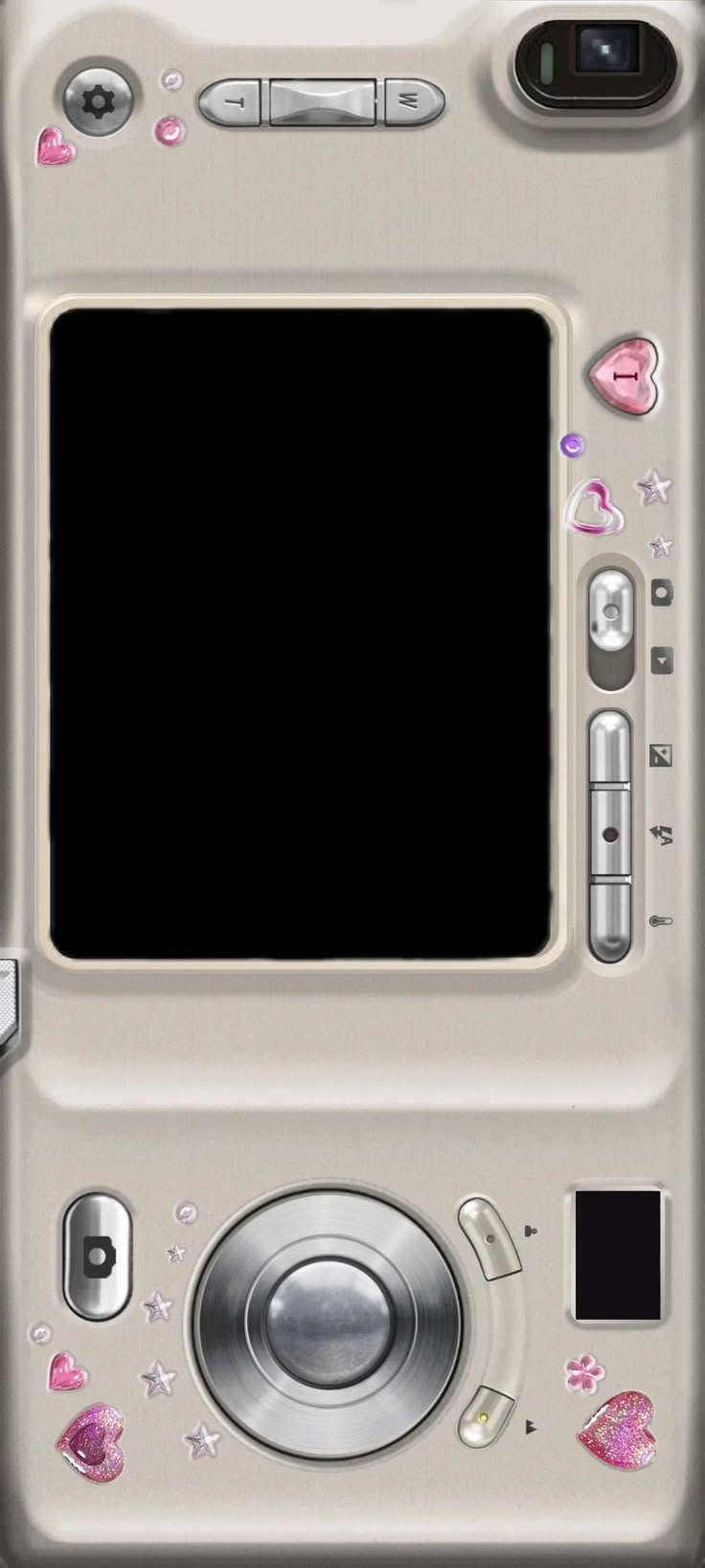 an image of a silver camera with pink hearts on it's side and a white screen