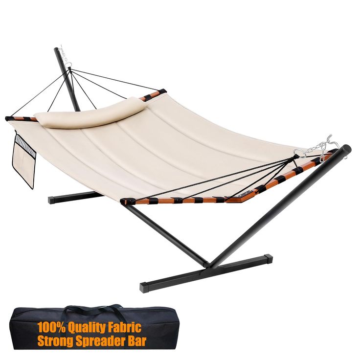 a white hammock with black stand and carrying bag next to the hammock