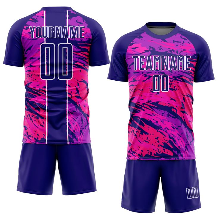 a purple and pink soccer uniform with the name teamname 00 on it