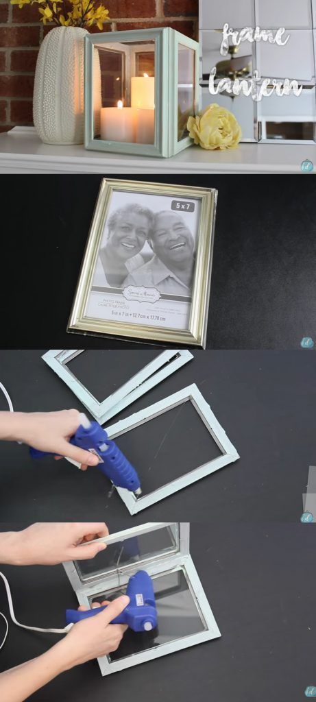 two pictures are being cut out to make a photo frame with scissors and glue on the table